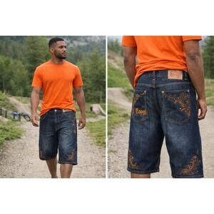 Coogi Men's Indigo Blue Denim Shorts Orange Embroidery Paisley Waistband Size 34